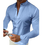Men's Stand Collar Solid Color Long Sleeve Shirt 66471740X