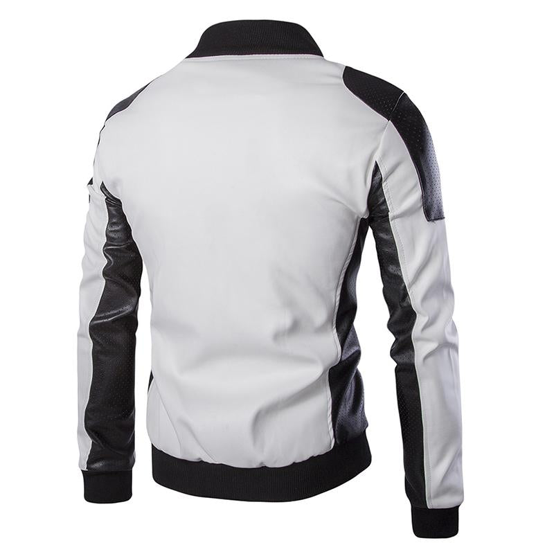Men's Stand Collar Colorblock Vintage Leather Jacket 35645956M