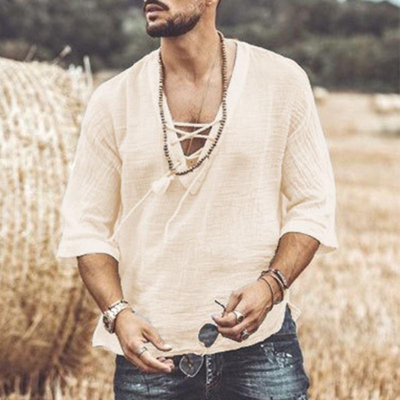 Men's Casual V Neck Lacr-up Long Sleeve Shirt 29474112M