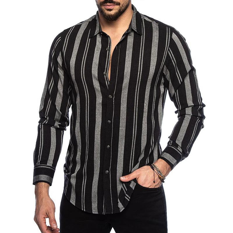 Men's Casual Lapel Stripe Slim Long Sleeve Shirt 84139040M