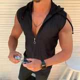 Men's Casual Solid Color Plaid Hooded Zipper Sleeveless Tank Top Shirt 56817301Y