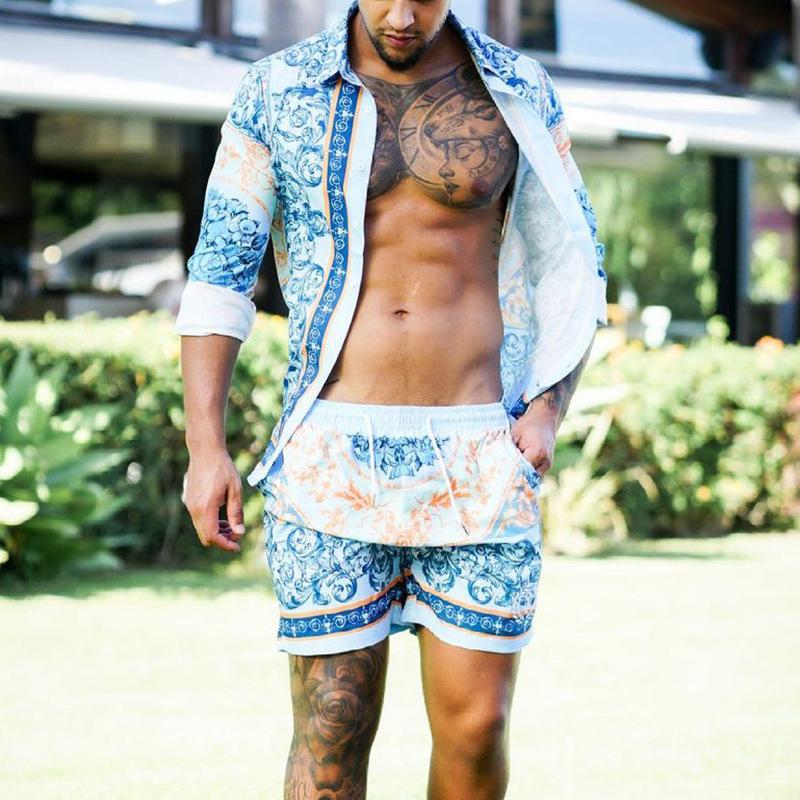 Conjunto de camisa y pantalones cortos de manga corta con estampado de estilo vacacional para hombre 15166152Z