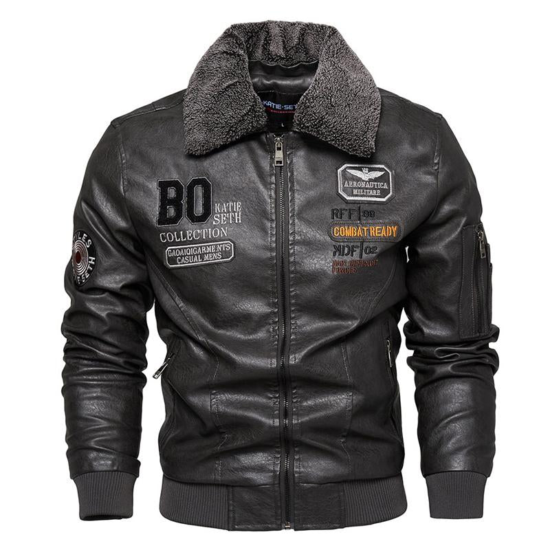 Men's Fleece Lapel Motorcycle Leather Jacket 27916904X