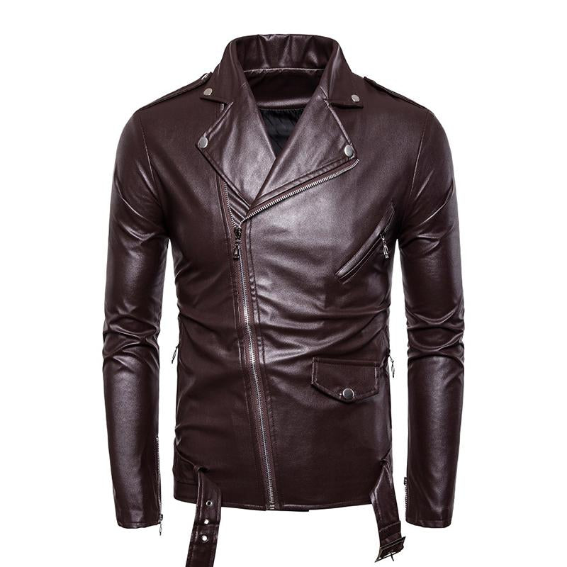 Men's Vintage Biker Slim Lapel Diagonal Zipper Leather Jacket 96439588M