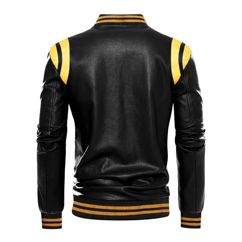 Men's Casual Color Contrasting Plush Leather Baseball Jacket 86960165M