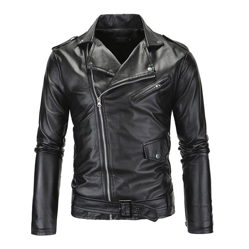 Men's Vintage Biker Slim Lapel Diagonal Zipper Leather Jacket 96439588 ...