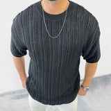Men's Solid Color Hollow Knit Pullover Short Sleeve Sweater 99913035X