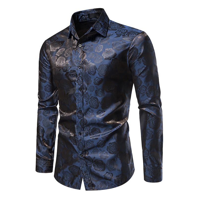 Men's Vintage Rose Print Slim Fit Long Sleeve Shirt 91803014M