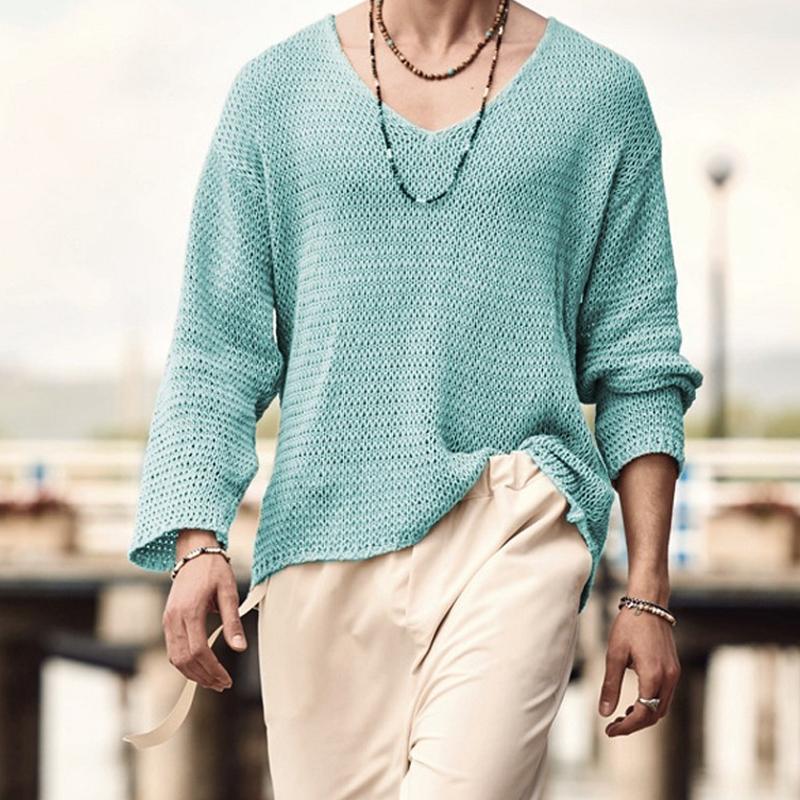 Men's Solid Color V-Neck Sweater Knitwear 23920508X