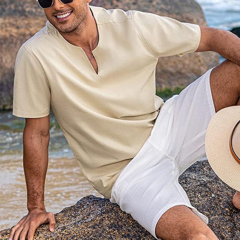 Men's Casual Solid Color V-Neck Short Sleeve T-Shirt 06653260Y