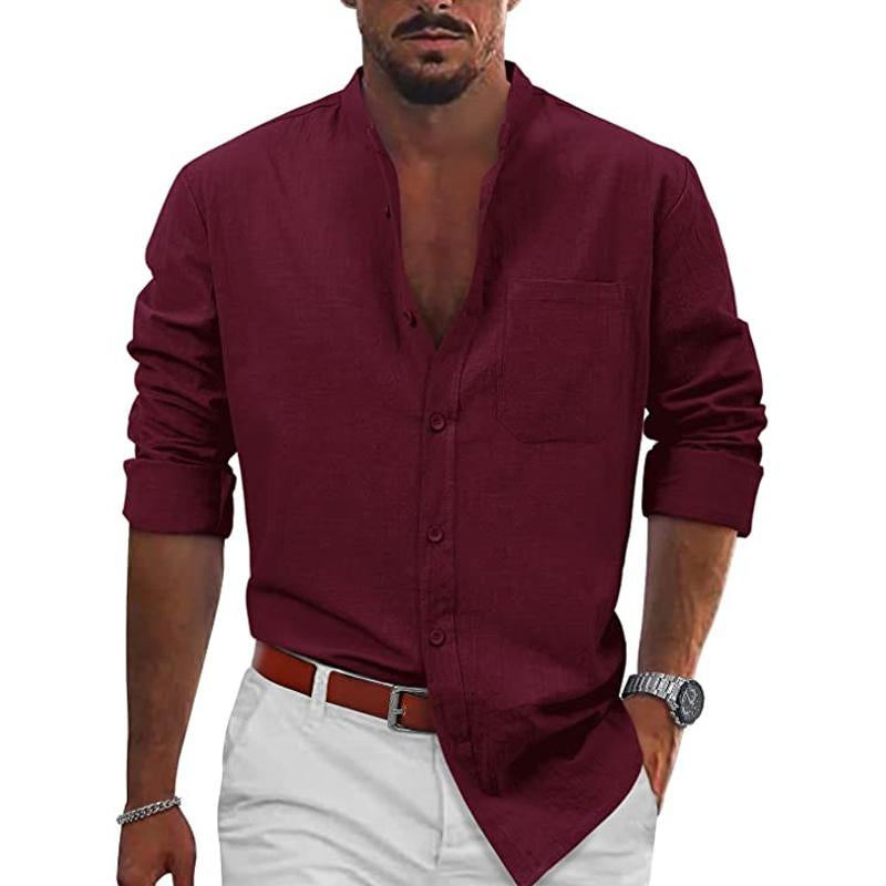 Men's Casual Beach Button Down Stand Collar Long Sleeve Cotton Linen Shirt 73426377X