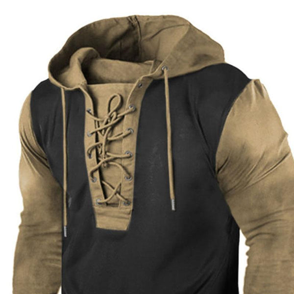 Men's Outdoor Vintage Colorblock Lace-Up Hooded Long Sleeve T-Shirt 16371422M