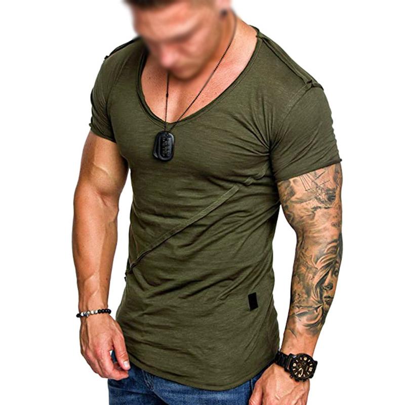 Men's Casual Stitching Solid Color V-Neck Short-Sleeved T-Shirt 36873241Y