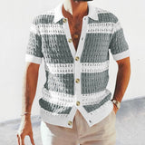 Men's Casual Lapel Colorblock Hollow Short Sleeved Knitted Polo Shirt 89718857M