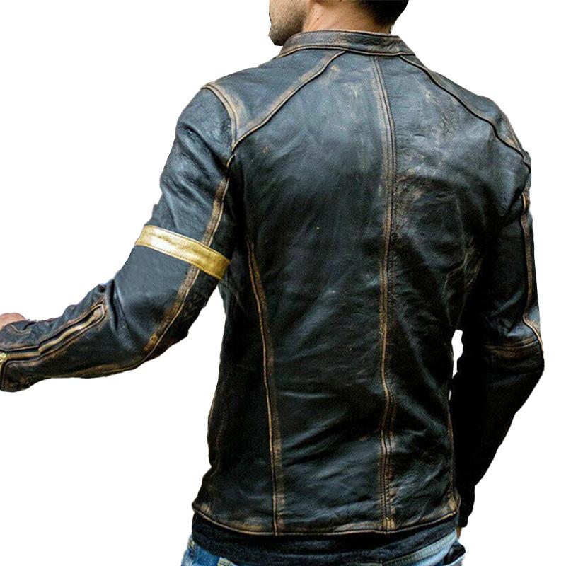 Men's Vintage Stand Collar Zipper Leather Jacket 41470326M