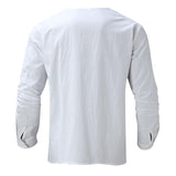 Men's Cotton and Linen Solid Color Pullover V-neck Long-sleeved Shirt 17237474X
