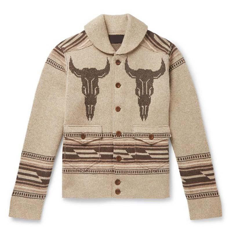 Chaqueta tipo cárdigan de punto jacquard vintage con solapa para hombre 26382727M