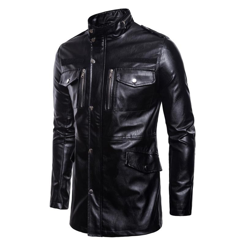 Men's Solid Color Stand Collar Leather Motor Jacket 40794811X