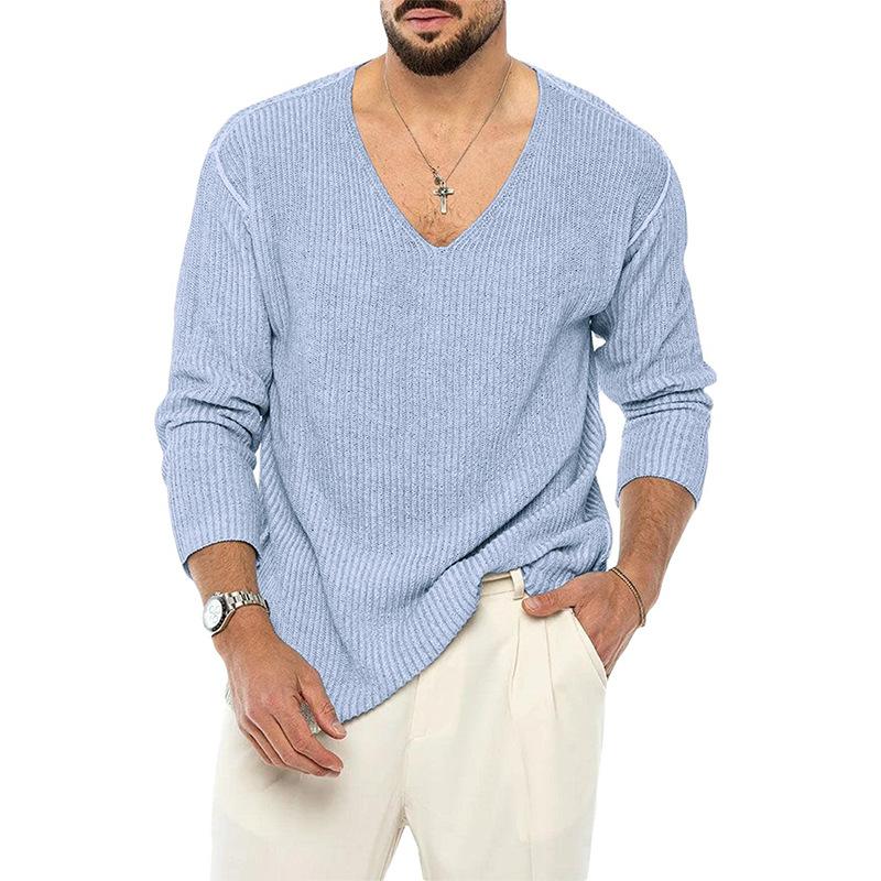 Men's V-Neck Solid Color Long Sleeve Knit Pullover Sweater 18599814M