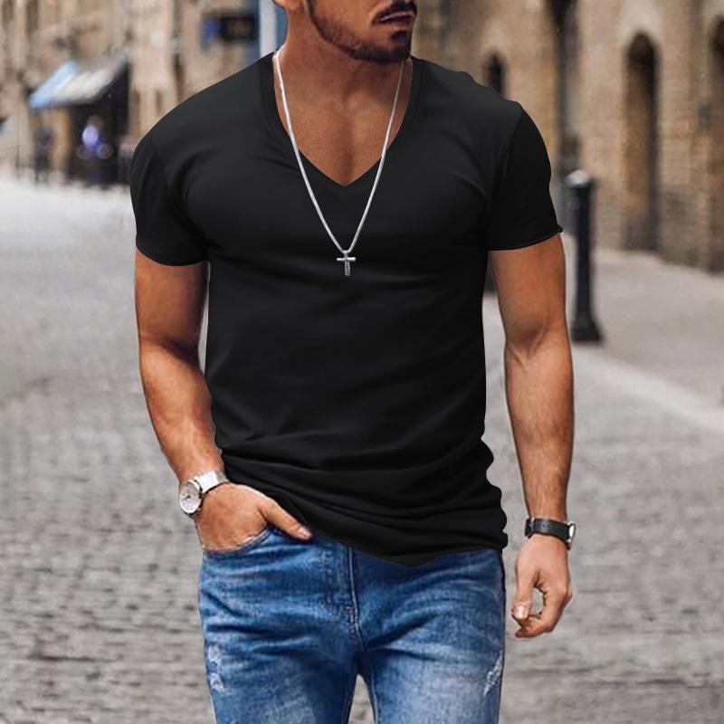 Men's Casual V Neck Solid Color Basic Short Sleeved T-shirt 53194486M