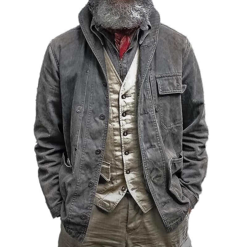 【Envío en 24 horas】Chaqueta estampada multibolsillos de color liso vintage para hombre 14680018X