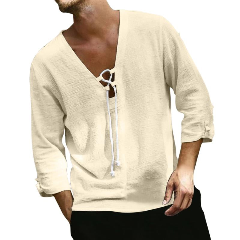 Men's Solid Color Loose Beach Linen Drawstring Shirt 94428305X