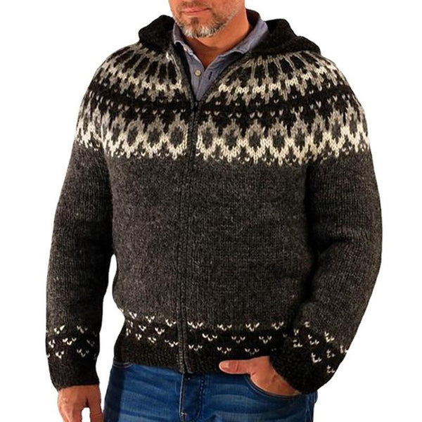 Men's Jacquard Hooded Long Sleeve Zip Cardigan Sweater 82887006X