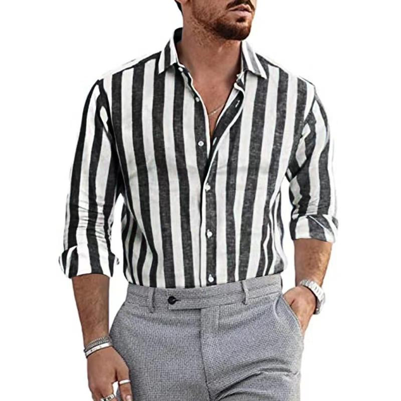 Men's Cotton Linen Stripe Lapel Shirt 66040713X