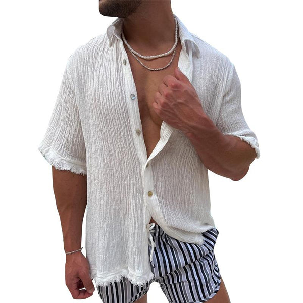 Men's Casual Solid Color Cotton Linen Short Sleeve Shirt 36912109Y