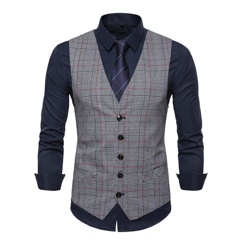 Men's Vintage Single Breasted V Neck Plaid Suit Vest 13549331M