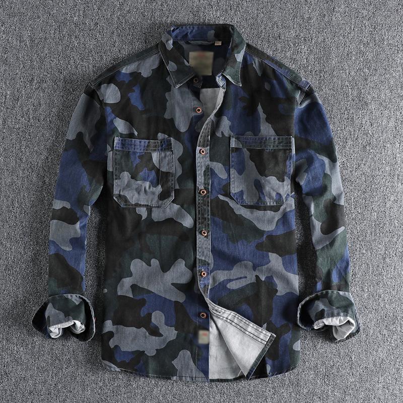 Men's Vintage Camouflage Washed Distressed Cotton Pocket Long Sleeve Shirt 13833126M