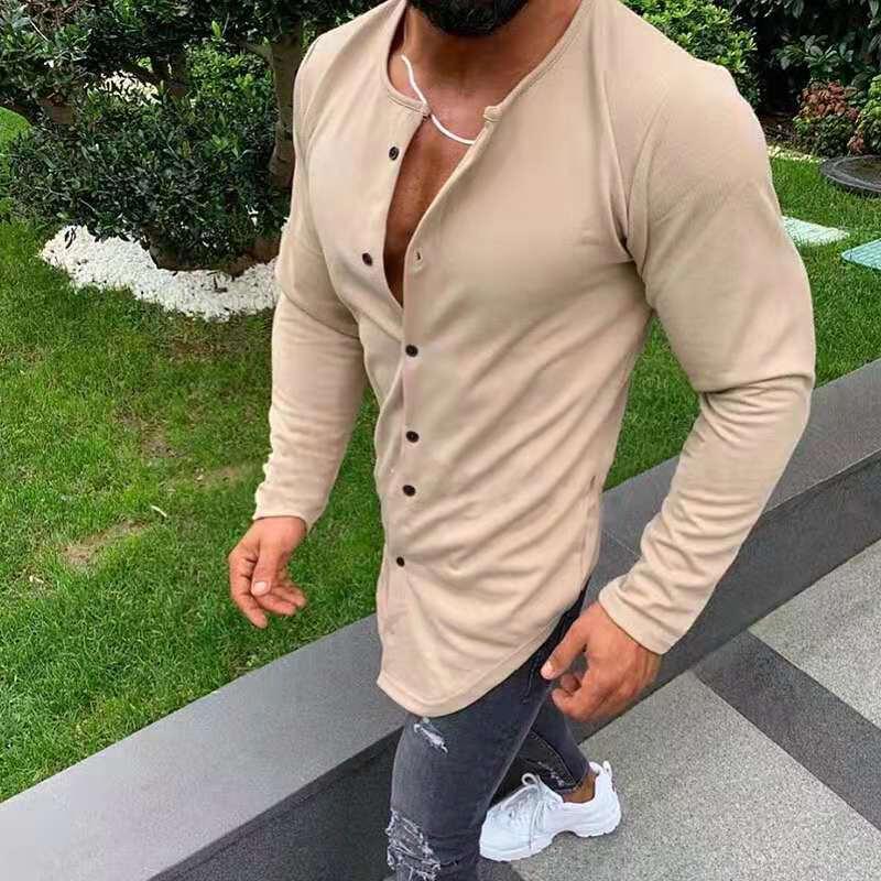 Men's Solid Color Long Sleeve Round Neck Button T-Shirt 19603398X