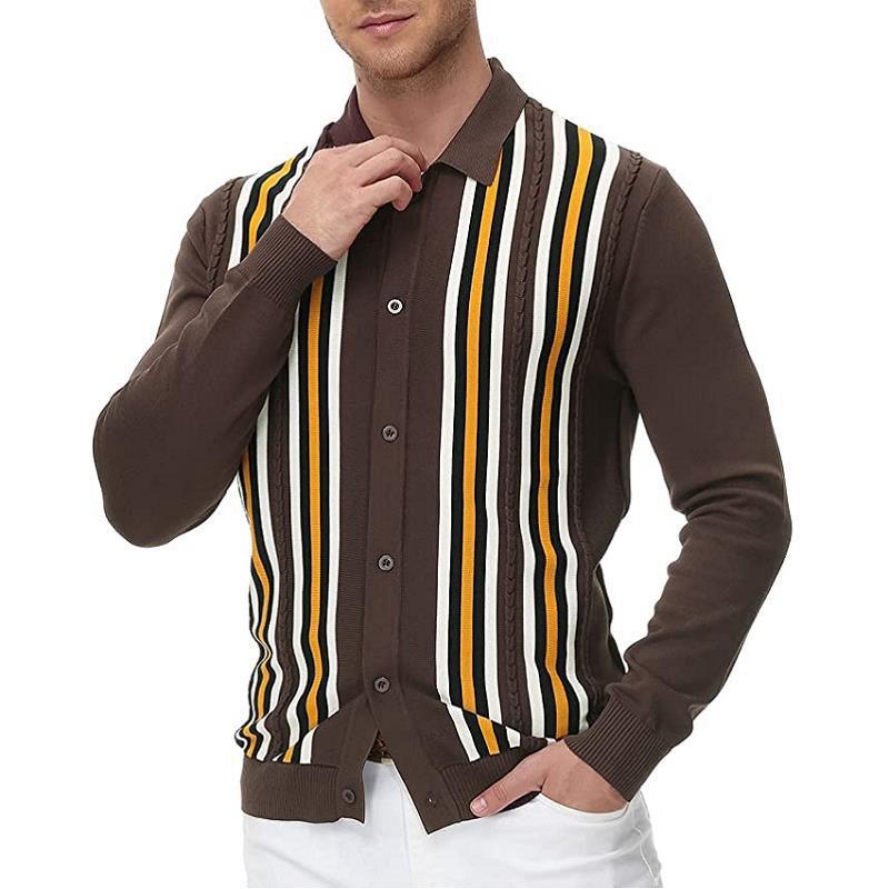 Men's Lapel Long Sleeve Striped Knit Cardigan 21119071M