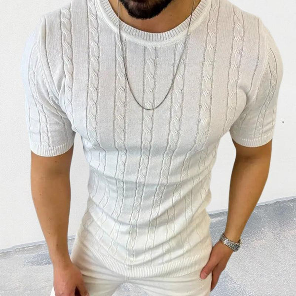 Men's Casual Thin Slim Round Neck Short Sleeve Cable Knit Sweater 80739212M