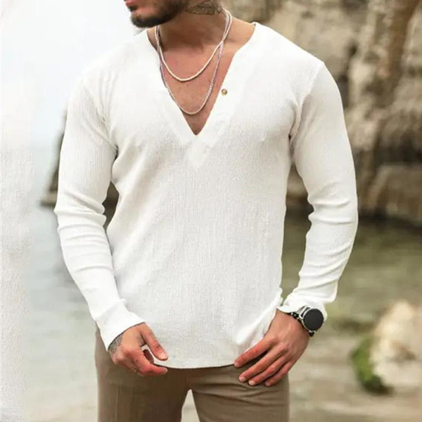 Men's Solid Color V-neck Casual Long-sleeved Shirt 16156852X