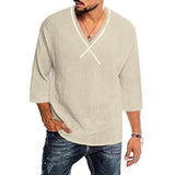 Men's Casual Solid Color Cotton And Linen V -Neck Shirt 94014278Y