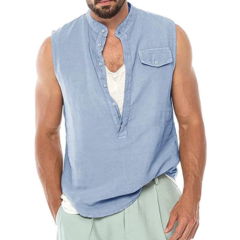 Men's Solid Color Cotton and Linen Beach Style Tank Top 40753714X