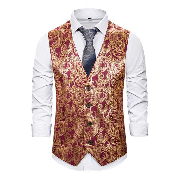 Mens Ethnic Print V-Neck Dress Vest 36969724M Red / S Vests