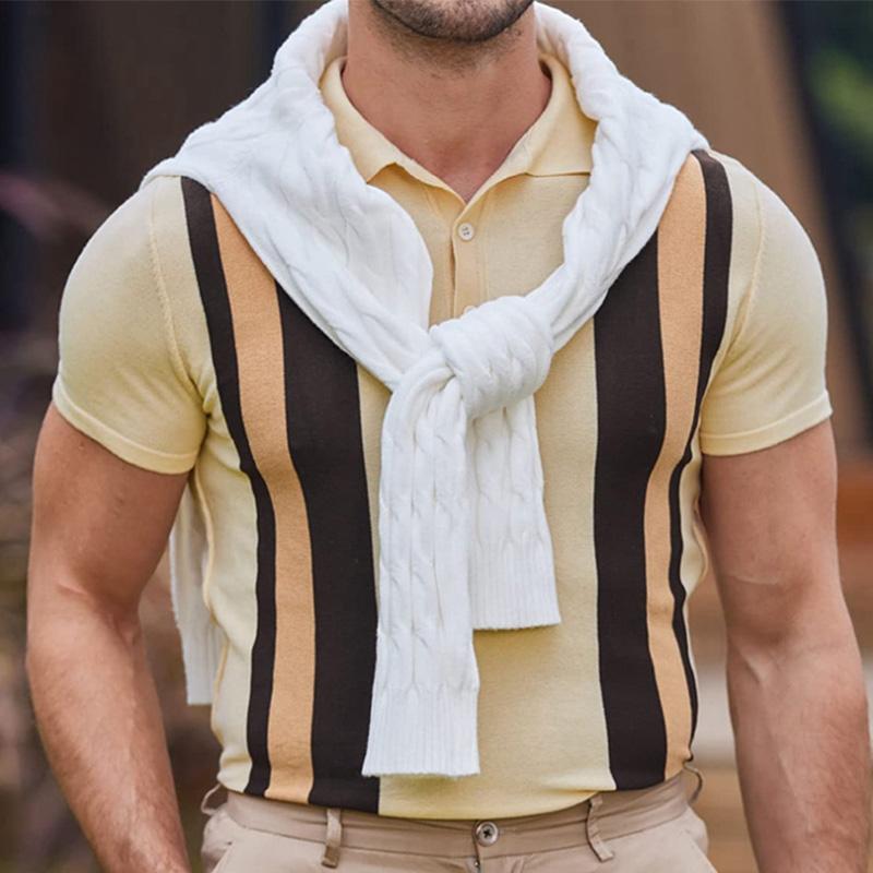 Men's Casual Striped Jacquard Knit Short Sleeve Polo Shirt 18486078M