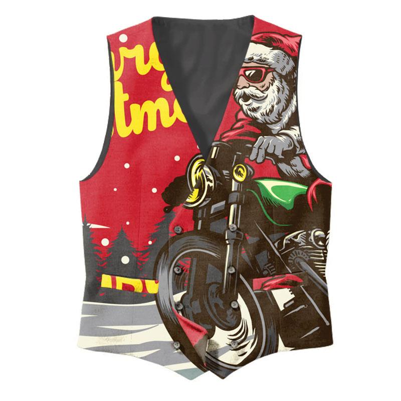 Gilet con scollo a V e stampa Babbo Natale motociclista 20285311X
