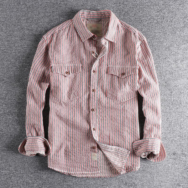 Men's Vintage Striped Cotton Distressed Wash Work Shirt 02676568M