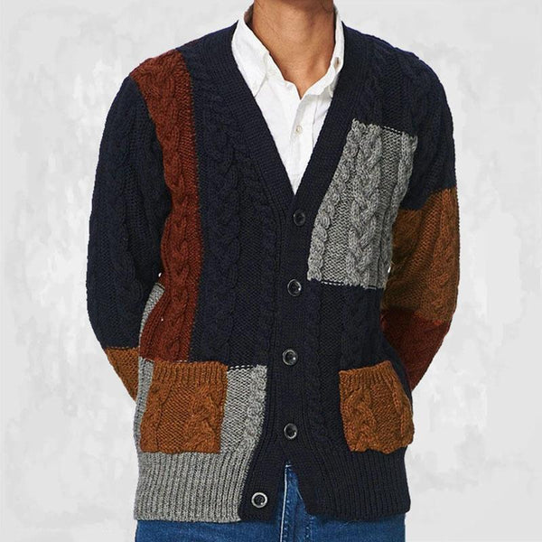 Men's Patch Contrast V-Neck Cardigan Sweater Jacket