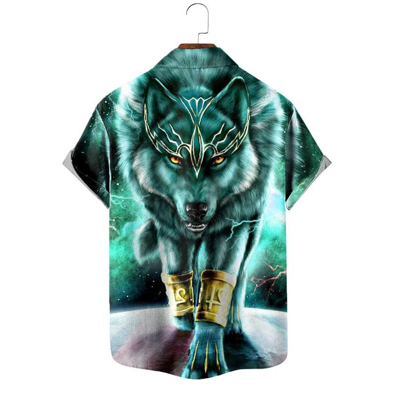 Camicia a maniche corte con stampa lupo e bavero vintage da uomo 87871911M