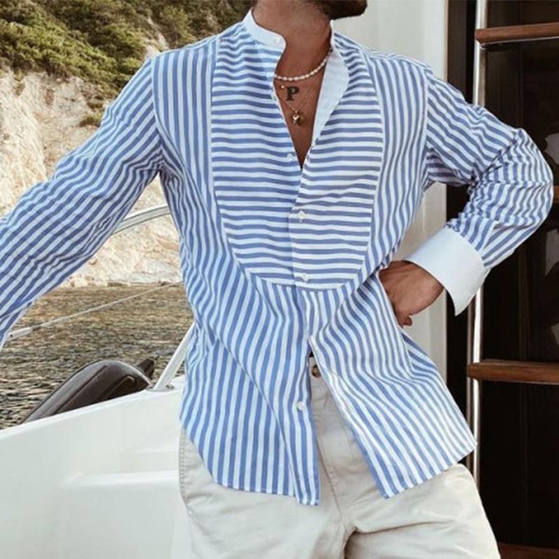 Men's Loose Striped Irregular Stitching Long Sleeve Shirt 50854849M