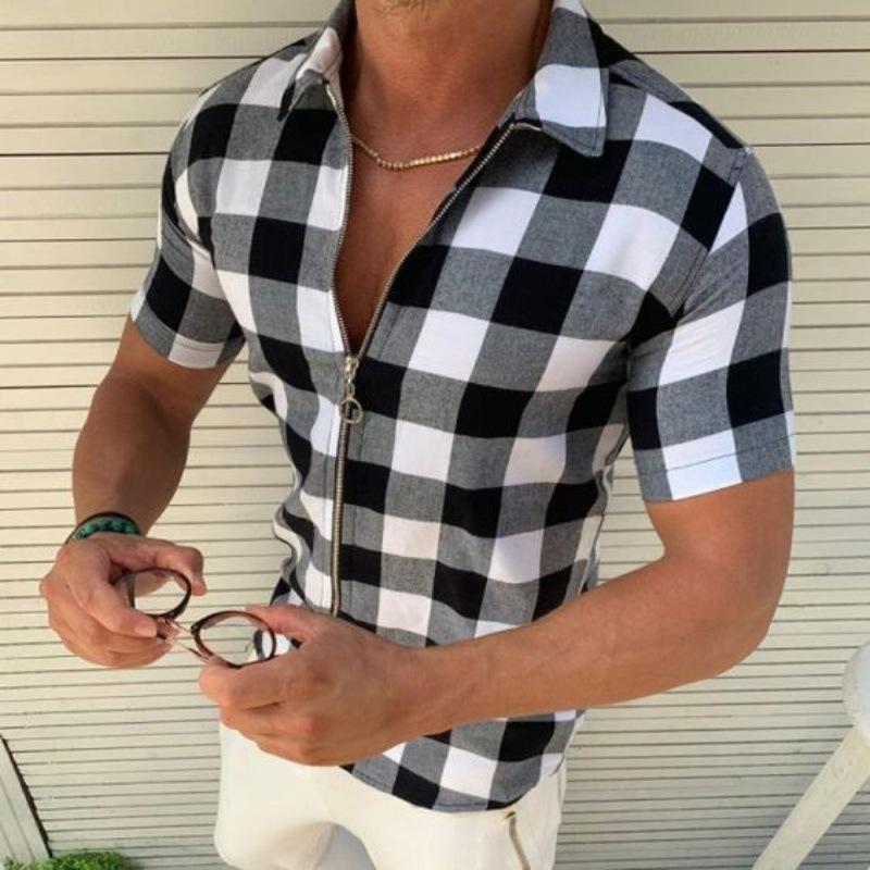 Men's Lapel Plaid Print Zipper Cardigan Short-sleeved T-shirt 77413871X