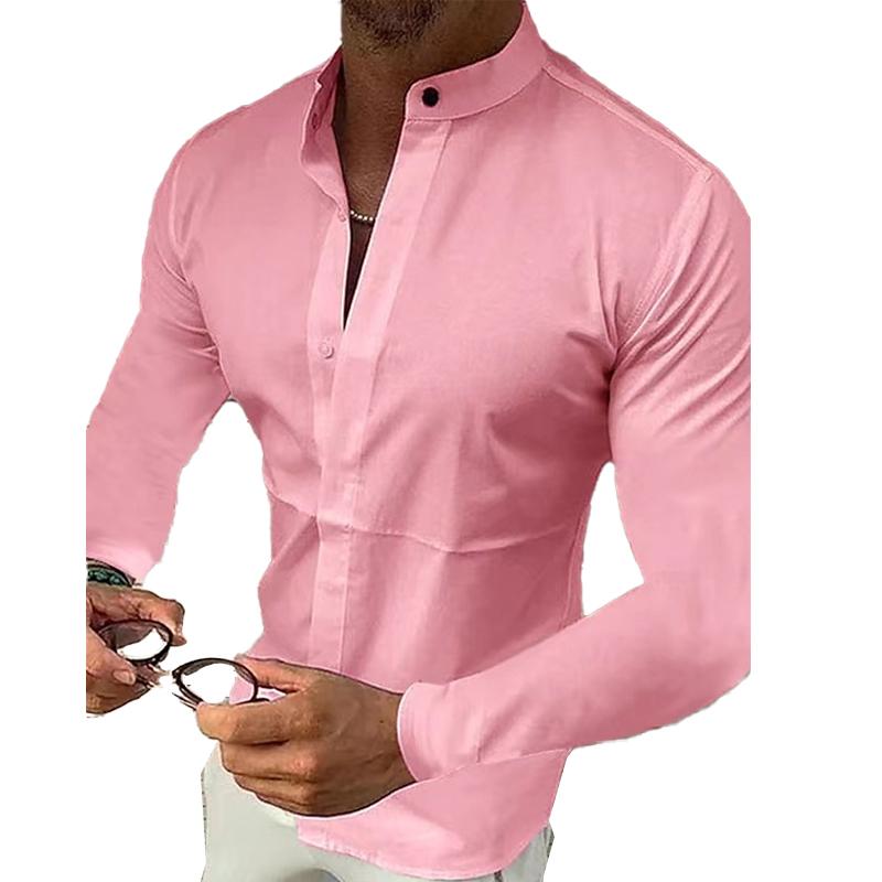 Men's Stand Collar Solid Color Long Sleeve Shirt 66471740X