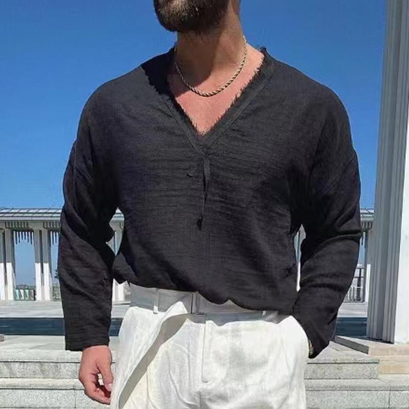 Men's Cotton and Linen Casual V-neck shirt 66123670X