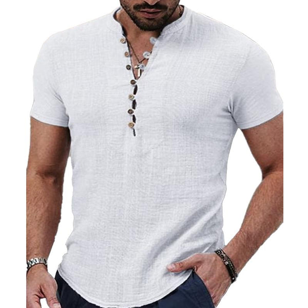 Men's Solid Color Stand Collar Button Down Half Cardigan Short Sleeve Shirt 83311488X
