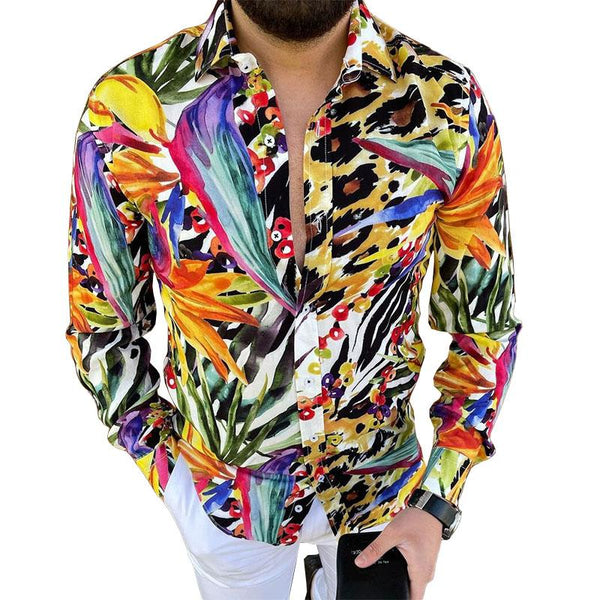 Men's Casual Printed Lapel Long Sleeve Shirt 05090418M