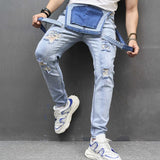 Men's Casual Solid Color Washed Ripped Denim Overalls 04755632Y